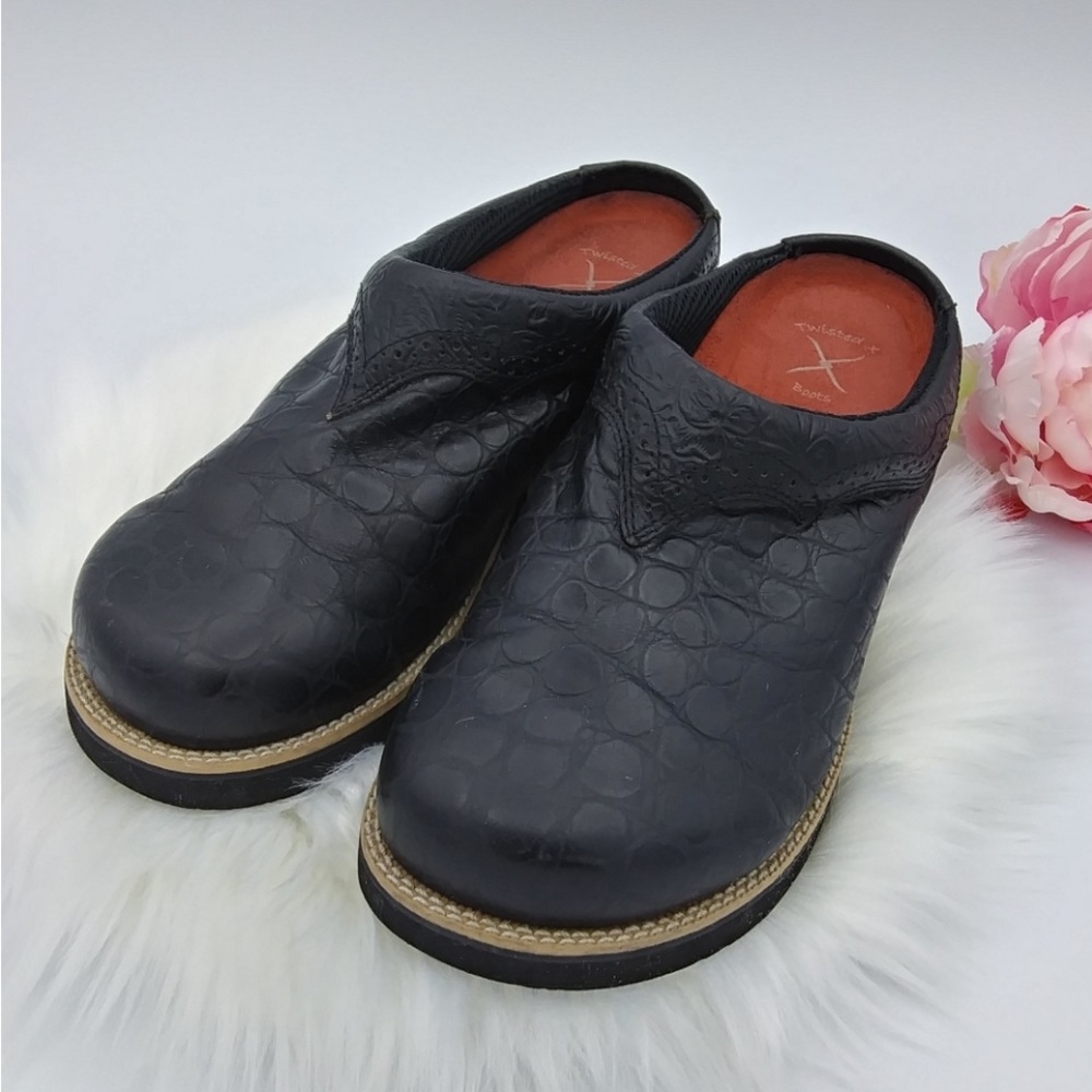 TWISTED X Black Croc Embossed Leather Mules